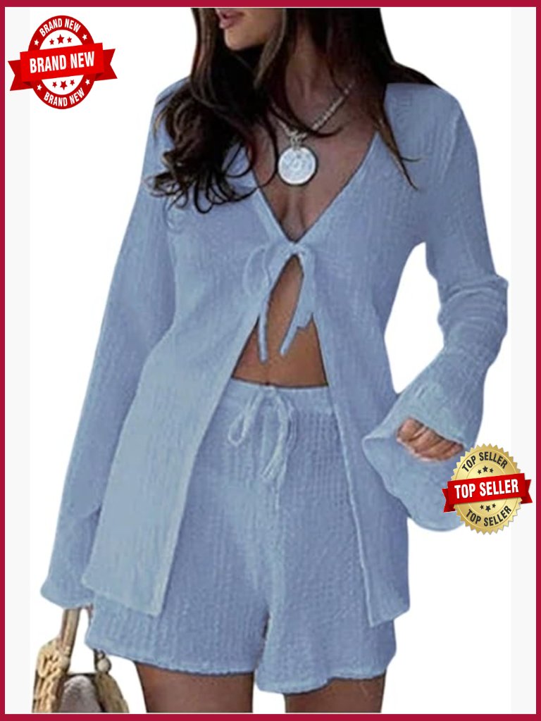 2 Piece Tie Front Blouse And Shorts Set Bell Sleeve Vacation Outfit